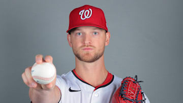 Feb 21, 2025; West Palm Beach, FL, USA; Washington Nationals relief pitcher Michael Soroka (34) poses for a photo during picture day at CACTI Park of the Palm Beaches. Mandatory Credit: Sam Navarro-Imagn Images