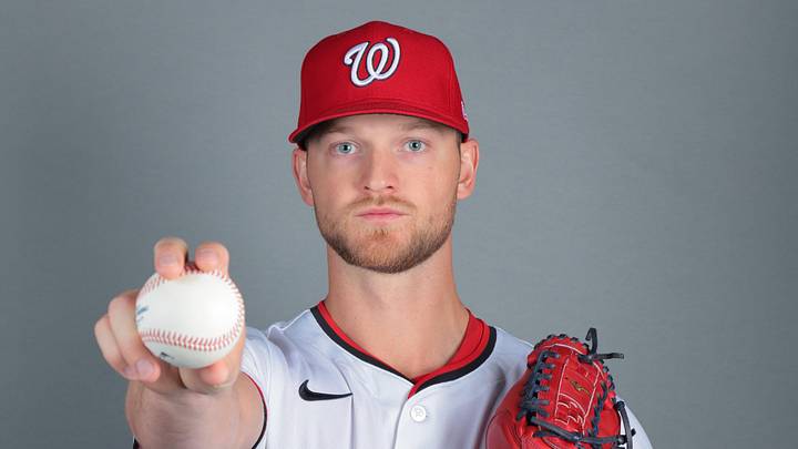 Feb 21, 2025; West Palm Beach, FL, USA; Washington Nationals relief pitcher Michael Soroka (34) poses for a photo during picture day at CACTI Park of the Palm Beaches. Mandatory Credit: Sam Navarro-Imagn Images