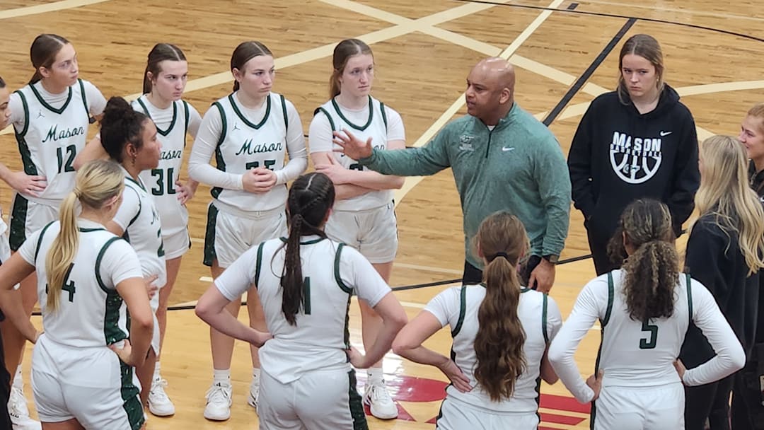 Mason head coach Gideon Dudgeon talks to his team during a timeout in their game against Toledo Notre Dame Academy at the Classic in the Country on Sunday, January 18, 2026.