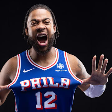 Sep 26, 2025; Camden, NJ, USA; Philadelphia 76ers Trendon Watford poses for a photo during media day. Mandatory Credit: Bill Streicher-Imagn Images