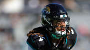 Nov 19, 2023; Jacksonville, Florida, USA;  Jacksonville Jaguars cornerback Gregory Junior (34)  warms up before a game against the Tennessee Titans at EverBank Stadium. Mandatory Credit: Nathan Ray Seebeck-USA TODAY Sports