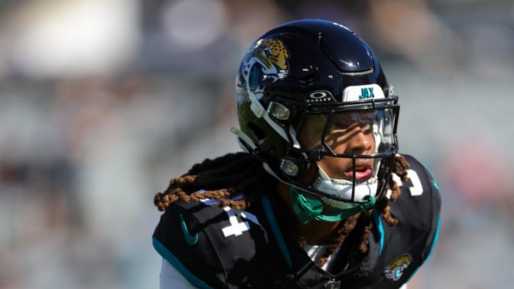 Nov 19, 2023; Jacksonville, Florida, USA;  Jacksonville Jaguars cornerback Gregory Junior (34)  warms up before a game against the Tennessee Titans at EverBank Stadium. Mandatory Credit: Nathan Ray Seebeck-USA TODAY Sports