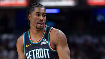 Nov 24, 2025; Indianapolis, Indiana, USA;Detroit Pistons guard Jaden Ivey (23) celebrates a made shot in the second half against the Indiana Pacers at Gainbridge Fieldhouse. Mandatory Credit: Trevor Ruszkowski-Imagn Images