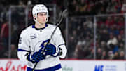 Jan 21, 2025; Montreal, Quebec, CAN; Tampa Bay Lightning defenseman Emil Lilleberg (78) looks on against the Montreal Canadiens during the second period at Bell Centre. Mandatory Credit: David Kirouac-Imagn Images