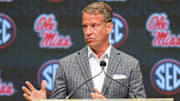 Jul 14, 2025; Atlanta, GA, USA; Ole Miss Rebels head coach Lane Kiffin speaks to the media during SEC Media Day at Omni Atlanta Hotel. Mandatory Credit: Jordan Godfree-Imagn Images
