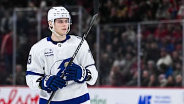 Jan 21, 2025; Montreal, Quebec, CAN; Tampa Bay Lightning defenseman Emil Lilleberg (78) looks on against the Montreal Canadiens during the second period at Bell Centre. Mandatory Credit: David Kirouac-Imagn Images