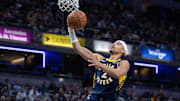 Nov 19, 2025; Indianapolis, Indiana, USA; Indiana Pacers guard Andrew Nembhard (2) shoots the ball in the second half against the Charlotte Hornets at Gainbridge Fieldhouse. 