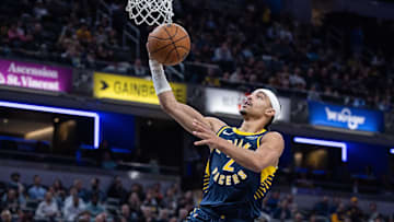 Nov 19, 2025; Indianapolis, Indiana, USA; Indiana Pacers guard Andrew Nembhard (2) shoots the ball in the second half against the Charlotte Hornets at Gainbridge Fieldhouse. 