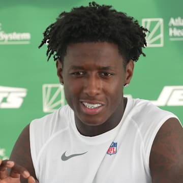 Florham Park, NJ -- August 21, 2024 -- Jets cornerback Sauce Gardner at the post practice press conference. The New York Giants came to the Atlantic Health Jets Training Center in Florham Park, New Jersey to take part in a joint practice with the New York Jets.