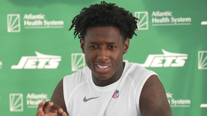 Florham Park, NJ -- August 21, 2024 -- Jets cornerback Sauce Gardner at the post practice press conference. The New York Giants came to the Atlantic Health Jets Training Center in Florham Park, New Jersey to take part in a joint practice with the New York Jets.