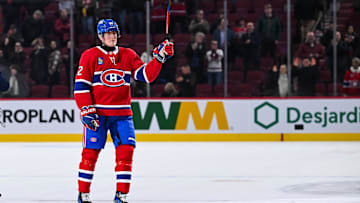Dec 9, 2024; Montreal, Quebec, CAN; First star of the game Montreal Canadiens right wing Patrik Laine (92) salutes the crowd after a win against the Anaheim Ducks at Bell Centre. Mandatory Credit: David Kirouac-Imagn Images