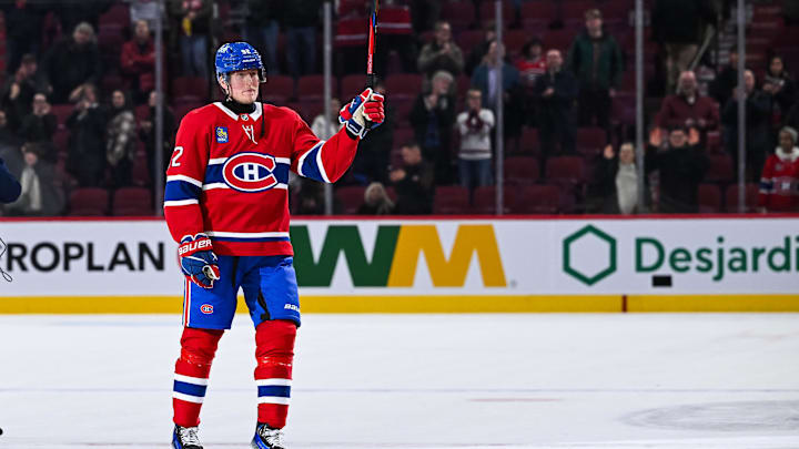 Dec 9, 2024; Montreal, Quebec, CAN; First star of the game Montreal Canadiens right wing Patrik Laine (92) salutes the crowd after a win against the Anaheim Ducks at Bell Centre. Mandatory Credit: David Kirouac-Imagn Images