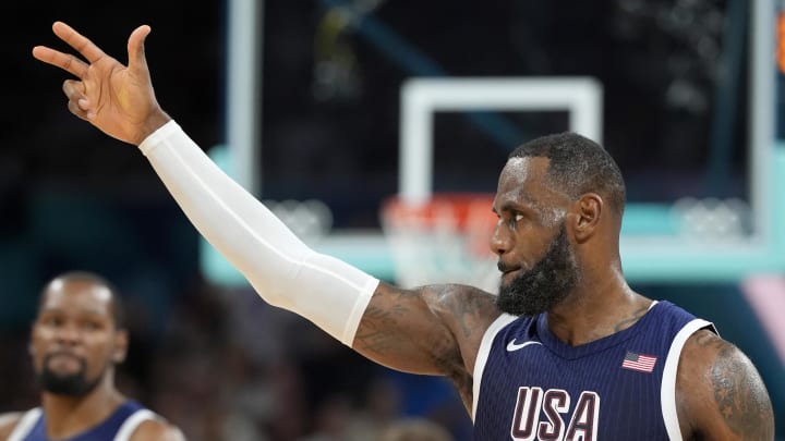 Jul 28, 2024; Villeneuve-d'Ascq, France; United States guard Lebron James (6) reacts after a play in the third quarter against Serbia during the Paris 2024 Olympic Summer Games at Stade Pierre-Mauroy.