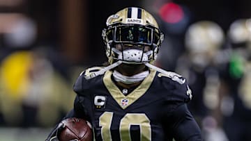 Sep 14, 2025; New Orleans, Louisiana, USA; New Orleans Saints wide receiver Brandin Cooks (10) during warmups against the San Francisco 49ers