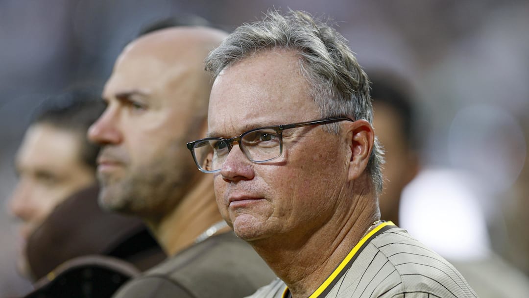 Sep 19, 2025; Chicago, Illinois, USA; San Diego Padres manager Mike Shildt (8) looks on from the sidelines before a baseball game between the Chicago White Sox and San Diego Padres at Rate Field. Mandatory Credit: Kamil Krzaczynski-Imagn Images