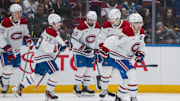 Mar 11, 2025; Vancouver, British Columbia, CAN; Montreal Canadiens forward Nick Suzuki (14) celebrates his goal against the Vancouver Canucks in the first period at Rogers Arena. Mandatory Credit: Bob Frid-Imagn Images