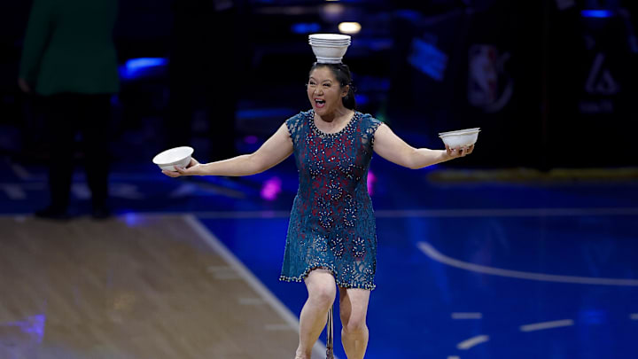 Performer Red Panda performs during the halftime in game five against the Indiana Pacers of the 2025 NBA Finals at Paycom Center. 