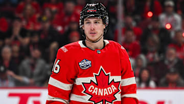 Team Canada forward Mitch Marner looks on against Team Sweden in the third period during a 4 Nations Face-Off game. 