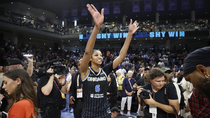 Jun 23, 2024; Chicago, Illinois, USA; Chicago Sky forward Angel Reese (5) reacts after defeating the Indiana Fever at Wintrust Arena. Mandatory Credit: Kamil Krzaczynski-USA TODAY Sports