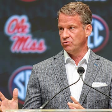 Jul 14, 2025; Atlanta, GA, USA; Ole Miss Rebels head coach Lane Kiffin speaks to the media during SEC Media Day at Omni Atlanta Hotel. Mandatory Credit: Jordan Godfree-Imagn Images