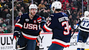 Feb 13, 2025; Montreal, Quebec, CAN; [Imagn Images direct customers only] Team USA forward Matthew Tkachuk (19) celebrates with Team USA forward Auston Matthews (34) his goal against Team Finland in the third period during a 4 Nations Face-Off ice hockey game at Bell Centre. Mandatory Credit: David Kirouac-Imagn Images