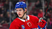 Apr 16, 2025; Montreal, Quebec, CAN; Montreal Canadiens center Christian Dvorak (28) looks on against the Carolina Hurricanes in the second period at Bell Centre. Mandatory Credit: David Kirouac-Imagn Images