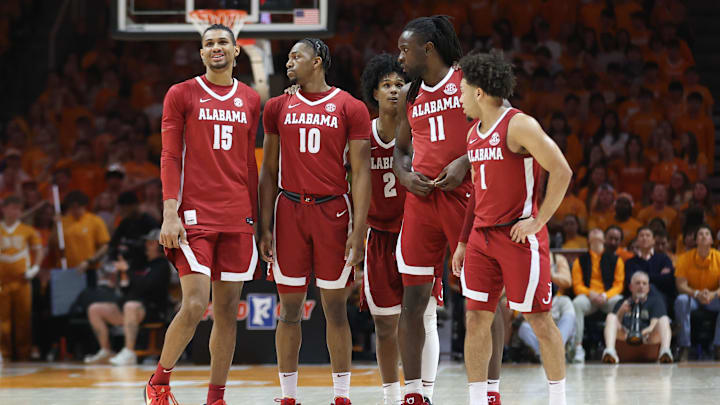 Mar 1, 2025; Knoxville, Tennessee, USA; Alabama Crimson Tide forward Jarin Stevenson (15), forward Mouhamed Dioubate (10), guard Aden Holloway (2), center Clifford Omoruyi (11) and guard Mark Sears (1) during the first half against the Tennessee Volunteers at Thompson-Boling Arena at Food City Center. Mandatory Credit: Randy Sartin-Imagn Images