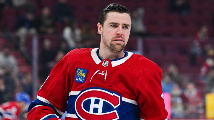 Feb 27, 2024; Montreal, Quebec, CAN; Montreal Canadiens left wing Tanner Pearson (70) looks on during warm-up before the game against the Arizona Coyotes at Bell Centre. Mandatory Credit: David Kirouac-USA TODAY Sports