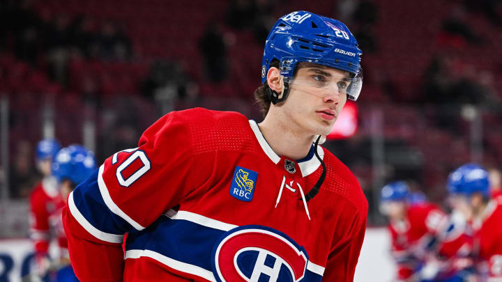 Jan 23, 2024; Montreal, Quebec, CAN; Montreal Canadiens left wing Juraj Slafkovsky (20) looks on during warm-up before the game against the Ottawa Senators at Bell Centre. Mandatory Credit: David Kirouac-USA TODAY Sports