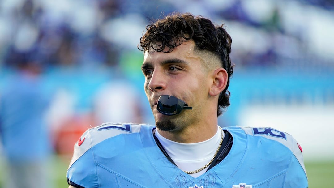 Tennessee Titans wide receiver Xavier Restrepo (87) exits the field after the game against the Seattle Seahawks at Nissan Stadium in Nashville, Tenn., Sunday, Nov. 23, 2025.