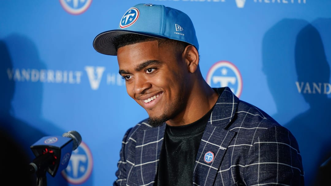 Edge defender Keldric Faulk takes questions at the Titans' practice facility in Nashville, Tenn., Friday, April 24, 2026. He was the Titans second draft pick for 2026.