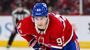 Apr 16, 2025; Montreal, Quebec, CAN; Montreal Canadiens right wing Ivan Demidov (93) waits for a face-off against the Carolina Hurricanes in the third period at Bell Centre. Mandatory Credit: David Kirouac-Imagn Images