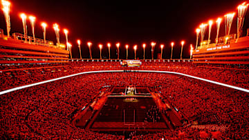 Fireworks go off over Neyland Stadium as Tennessee runs through the T before a college football game against Mississippi State in Knoxville, Tenn., on Saturday, Nov. 9, 2024.