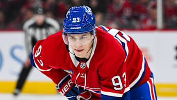 Apr 16, 2025; Montreal, Quebec, CAN; Montreal Canadiens right wing Ivan Demidov (93) waits for a face-off against the Carolina Hurricanes in the third period at Bell Centre. Mandatory Credit: David Kirouac-Imagn Images