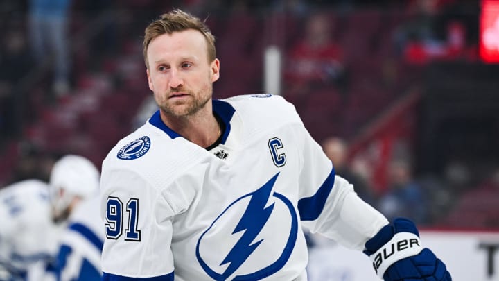 Apr 4, 2024; Montreal, Quebec, CAN; Tampa Bay Lightning center Steven Stamkos (91) looks on during warm-up before the game against the Montreal Canadiens at Bell Centre. Mandatory Credit: David Kirouac-USA TODAY Sports