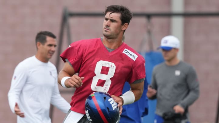 East Rutherford, NJ -- July 24, 2024 -- Quarterback, Daniel Jones during the first day of training camp for the 2024 New York Giants.