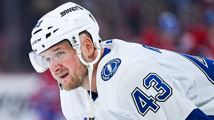 Apr 26, 2026; Montreal, Quebec, CAN; Tampa Bay Lightning defenseman Darren Raddysh (43) looks on during warm-up before the game against the Montreal Canadiens in game four of the first round of the 2026 Stanley Cup Playoffs at Bell Centre. Apr 26, 2026; Montreal, Quebec, CAN; Tampa Bay Lightning defenseman Darren Raddysh (43) looks on during warm-up before the game against the Montreal Canadiens in game four of the first round of the 2026 Stanley Cup Playoffs at Bell Centre.
