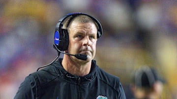 Sep 13, 2025; Baton Rouge, Louisiana, USA;  Florida Gators head coach Billy Napier looks on against the LSU Tigers during the second half at Tiger Stadium. Mandatory Credit: Stephen Lew-Imagn Images