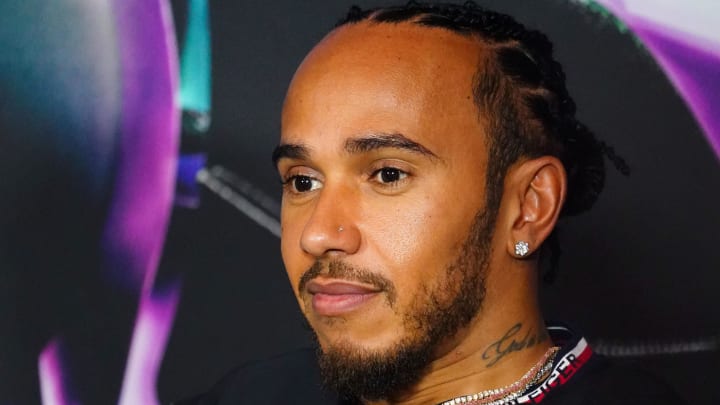 May 2, 2024; Miami Gardens, Florida, USA;  Mercedes driver Lewis Hamilton (44)  during a press conference in advance of the Miami Grand Prix at the Miami International Autodrome. Mandatory Credit: John David Mercer-USA TODAY Sports