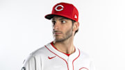 Feb 18, 2025; Goodyear, AZ, USA; Cincinnati Reds pitcher Joe La Sorsa poses for a portrait during Media Day at the Cincinnati Reds Development Complex. Mandatory Credit: Mark J. Rebilas-Imagn Images