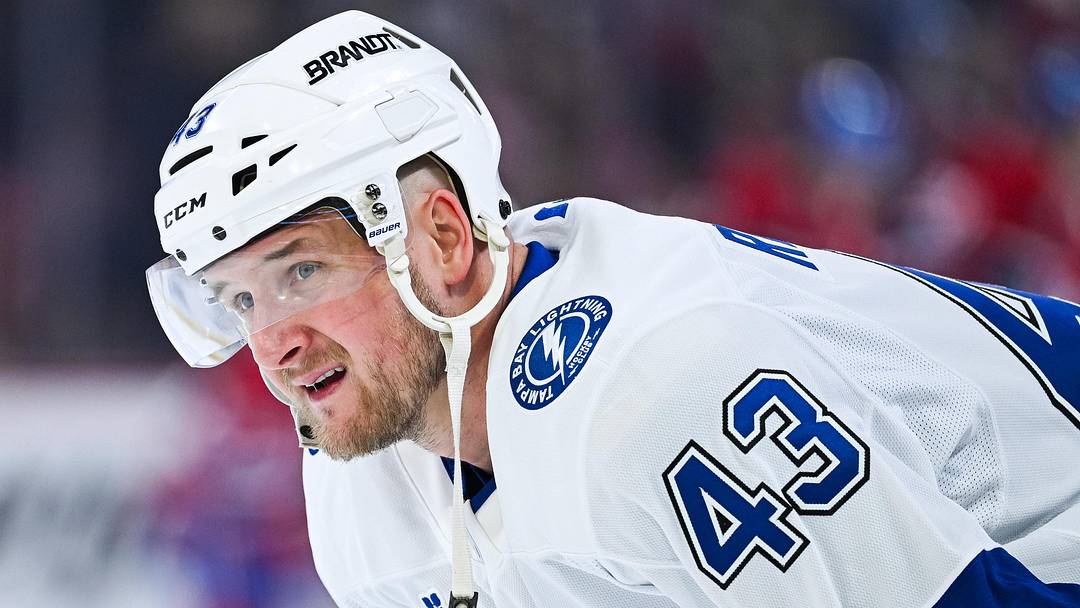Apr 26, 2026; Montreal, Quebec, CAN; Tampa Bay Lightning defenseman Darren Raddysh (43) looks on during warm-up before the game against the Montreal Canadiens in game four of the first round of the 2026 Stanley Cup Playoffs at Bell Centre. Mandatory Credit: David Kirouac-Imagn Images