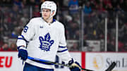 Jan 18, 2025; Montreal, Quebec, CAN; Toronto Maple Leafs center Steven Lorentz (18) looks on against the Montreal Canadiens during the first period at Bell Centre. Mandatory Credit: David Kirouac-Imagn Images