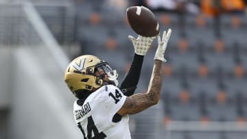 Nov 25, 2023; Knoxville, Tennessee, USA; Vanderbilt Commodores wide receiver Will Sheppard (14) catches a pass.