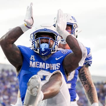 Memphis' Mario Anderson (2) celebrates after scoring a touchdown during the game between Memphis and North Alabama at Simmons Bank Liberty Stadium in Memphis, Tenn., on Saturday, August 31, 2024.