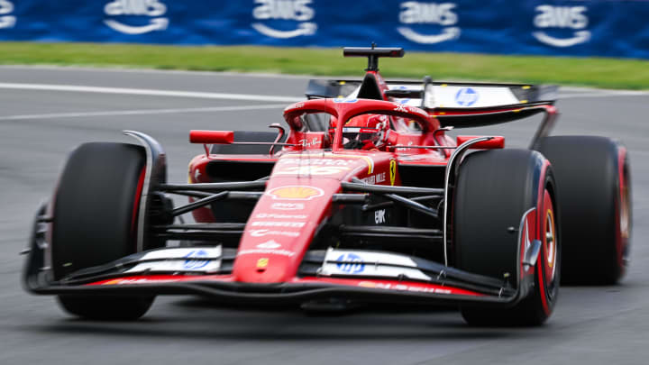 Jun 8, 2024; Montreal, Quebec, CAN; Ferrari driver Charles Leclerc (MCO) races during FP3 practice session of the Canadian Grand Prix at Circuit Gilles Villeneuve. Mandatory Credit: David Kirouac-USA TODAY Sports