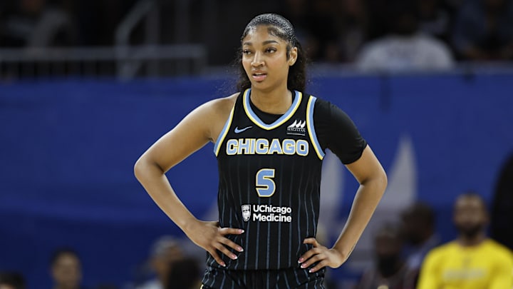 Chicago Sky forward Angel Reese looks on