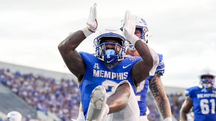 Memphis' Mario Anderson (2) celebrates after scoring a touchdown during the game between Memphis and North Alabama at Simmons Bank Liberty Stadium in Memphis, Tenn., on Saturday, August 31, 2024.