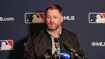 Dec 8, 2025; Orlando, FL, USA; Cleveland Guardians manager Stephen Vogt speaks with the media during the 2025 MLB Winter Meetings at Signia by Hilton Hotel. Mandatory Credit: Mike Watters-Imagn Images