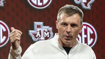 Oct 15, 2025; Birmingham, AL, USA; Texas A&M Aggies head coach Bucky McMillan talks with the media during SEC Media Days at Grand Bohemian Hotel. Mandatory Credit: Vasha Hunt-Imagn Images