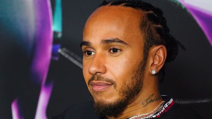 May 2, 2024; Miami Gardens, Florida, USA;  Mercedes driver Lewis Hamilton (44)  during a press conference in advance of the Miami Grand Prix at the Miami International Autodrome. Mandatory Credit: John David Mercer-USA TODAY Sports